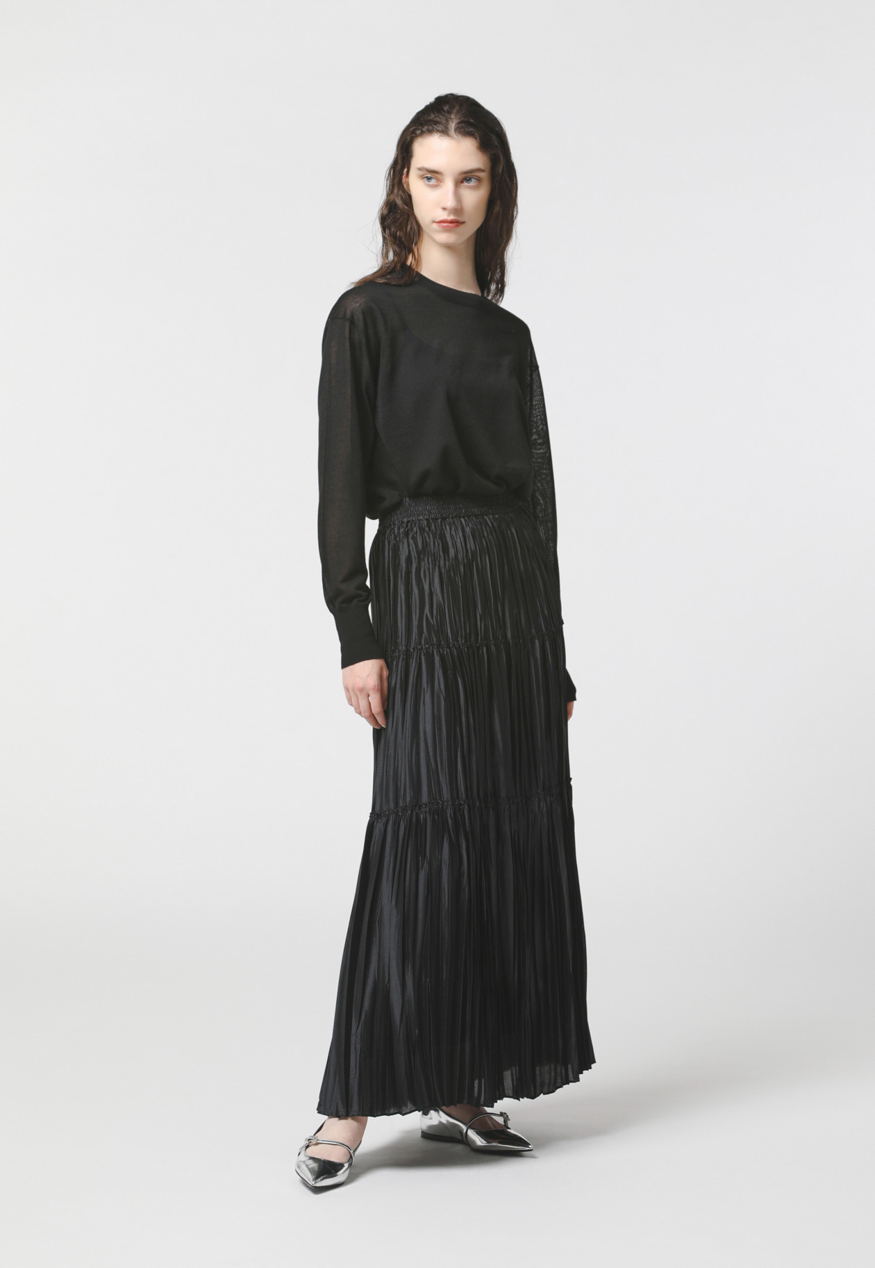 SILK POLYESTER PLEATES SKIRT 詳細画像 Black 2