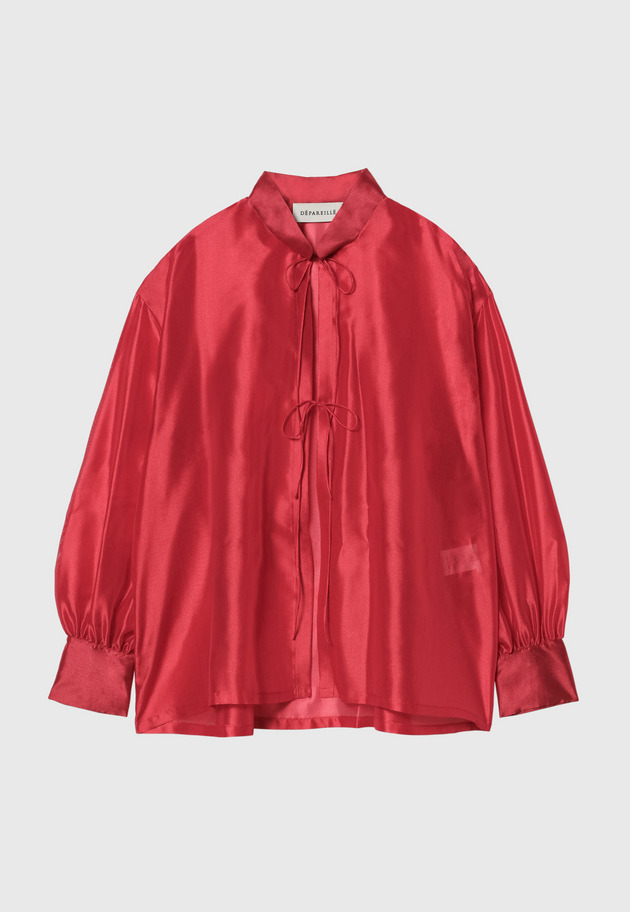 SILK POLYESTER STAND COLLAR BLOUSE 詳細画像 Red 1