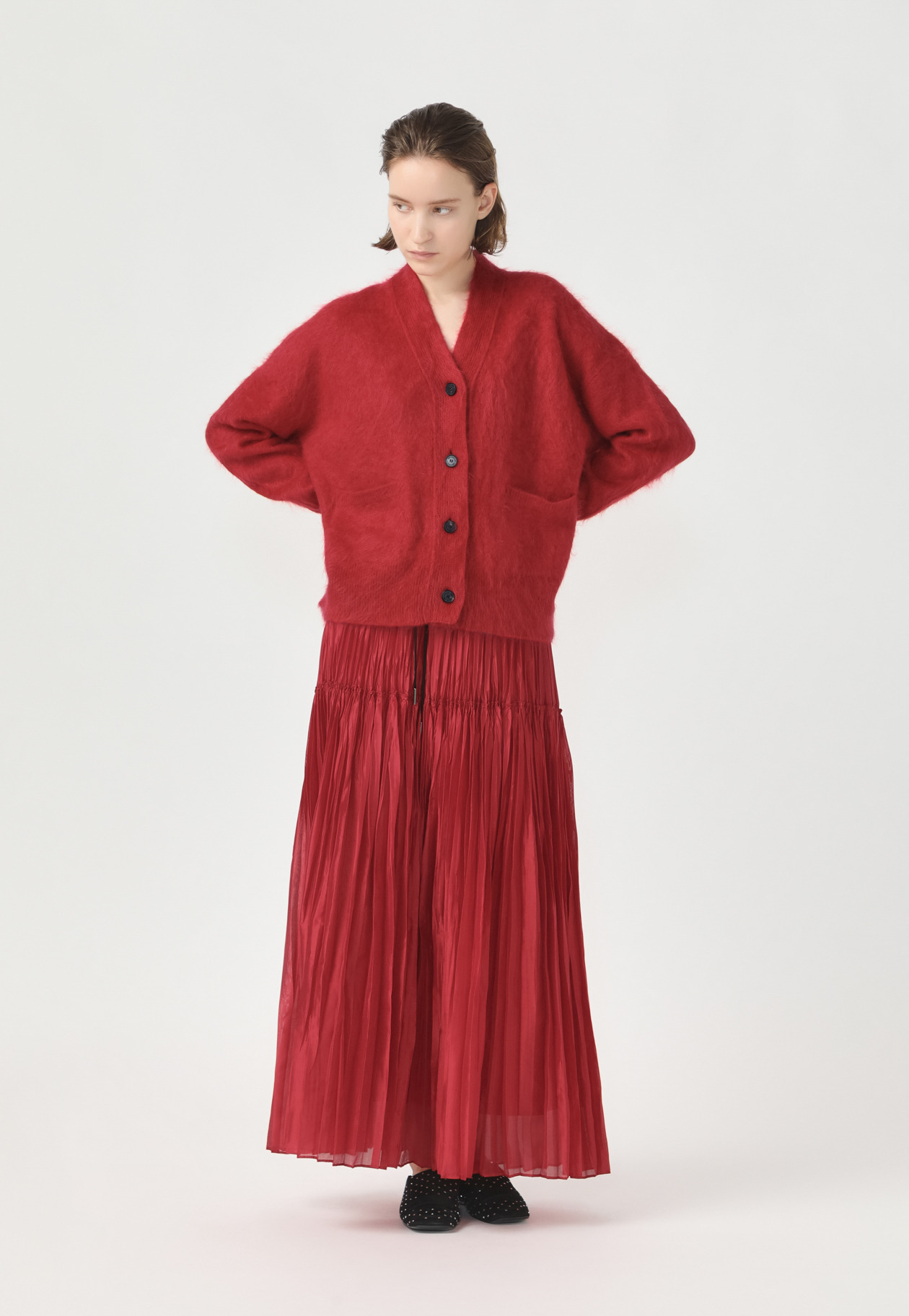 SILK POLYESTER PLEATS SKIRT 詳細画像 Red 3