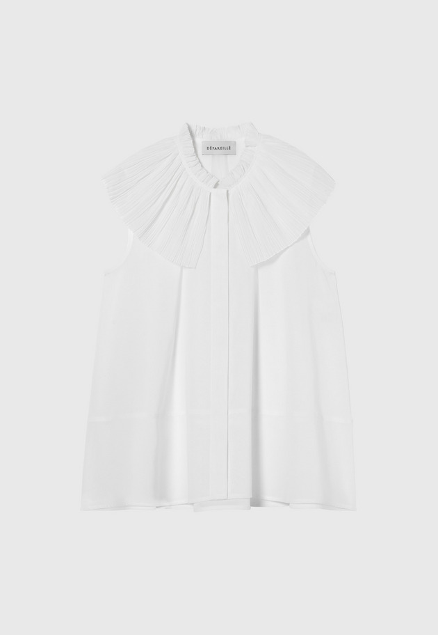 VOILE PLEATS COLLAR NO SLEEVE BLOUSE / ボイルプリーツカラーノースリーブブラウス 詳細画像 White 1