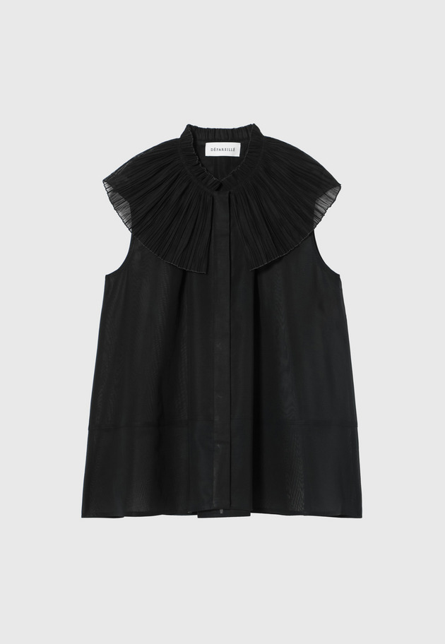 VOILE PLEATS COLLAR NO SLEEVE BLOUSE / ボイルプリーツカラーノースリーブブラウス 詳細画像 Black 1