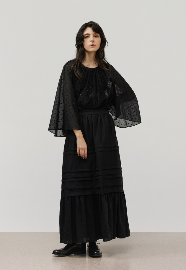 WASHABLE LINEN TUCK GATHER SKIRT / ウォッシャブルリネンタックギャザースカート 詳細画像 Black 8