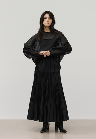 SILK POLYESTER TIERED PLEATS SKIRT / シルクポリエステルティアードプリーツスカート