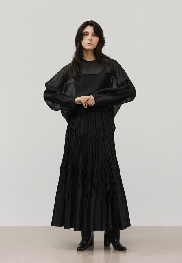 SILK POLYESTER TIERED PLEATS SKIRT / シルクポリエステルティアードプリーツスカート 詳細画像 Black 1