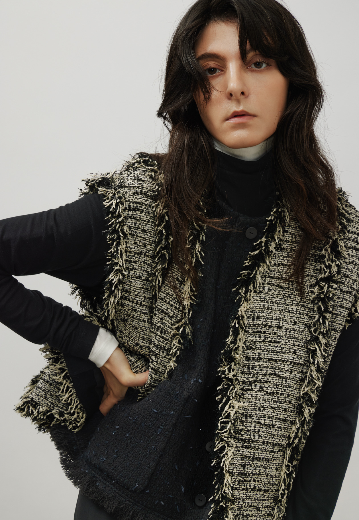 FANCY TWEED V NECK GILET / ファンシーツィードVネックジレ 詳細画像 Black 5