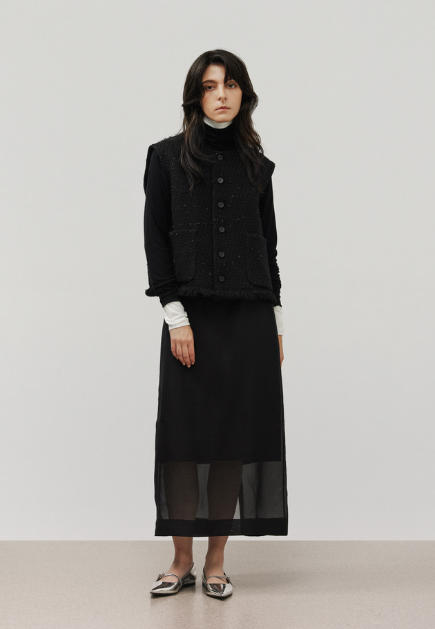 TAPE YARN TWEED CREW NECK GILET / テープヤーンツィードクルーネックジレ 詳細画像 Black 1