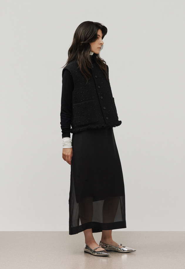 TAPE YARN TWEED CREW NECK GILET / テープヤーンツィードクルーネックジレ 詳細画像 Black 2