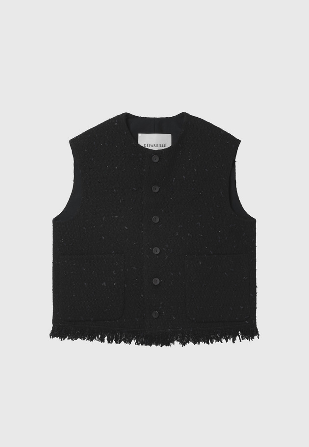 TAPE YARN TWEED CREW NECK GILET / テープヤーンツィードクルーネックジレ 詳細画像 Black 6