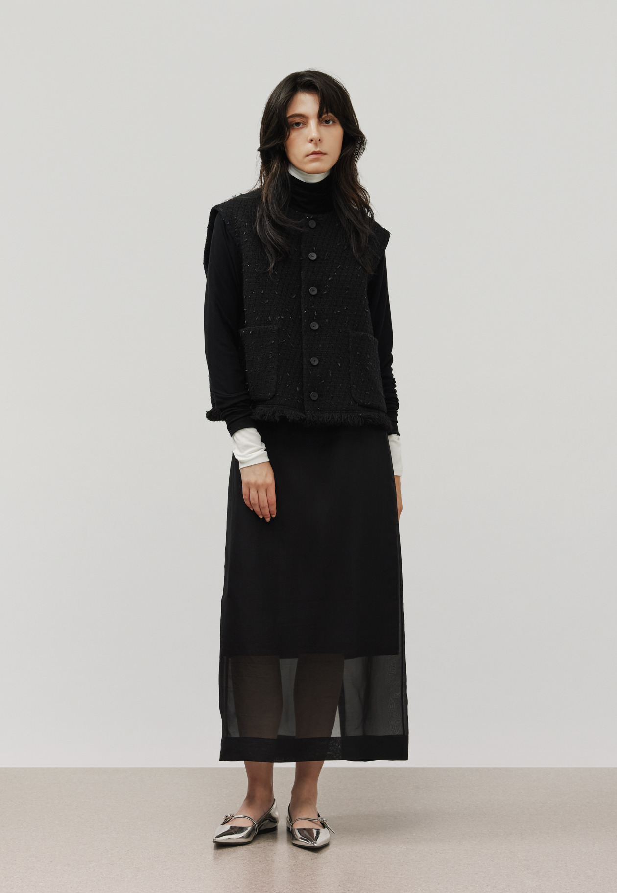 TAPE YARN TWEED CREW NECK GILET / テープヤーンツィードクルーネックジレ 詳細画像 Black 1