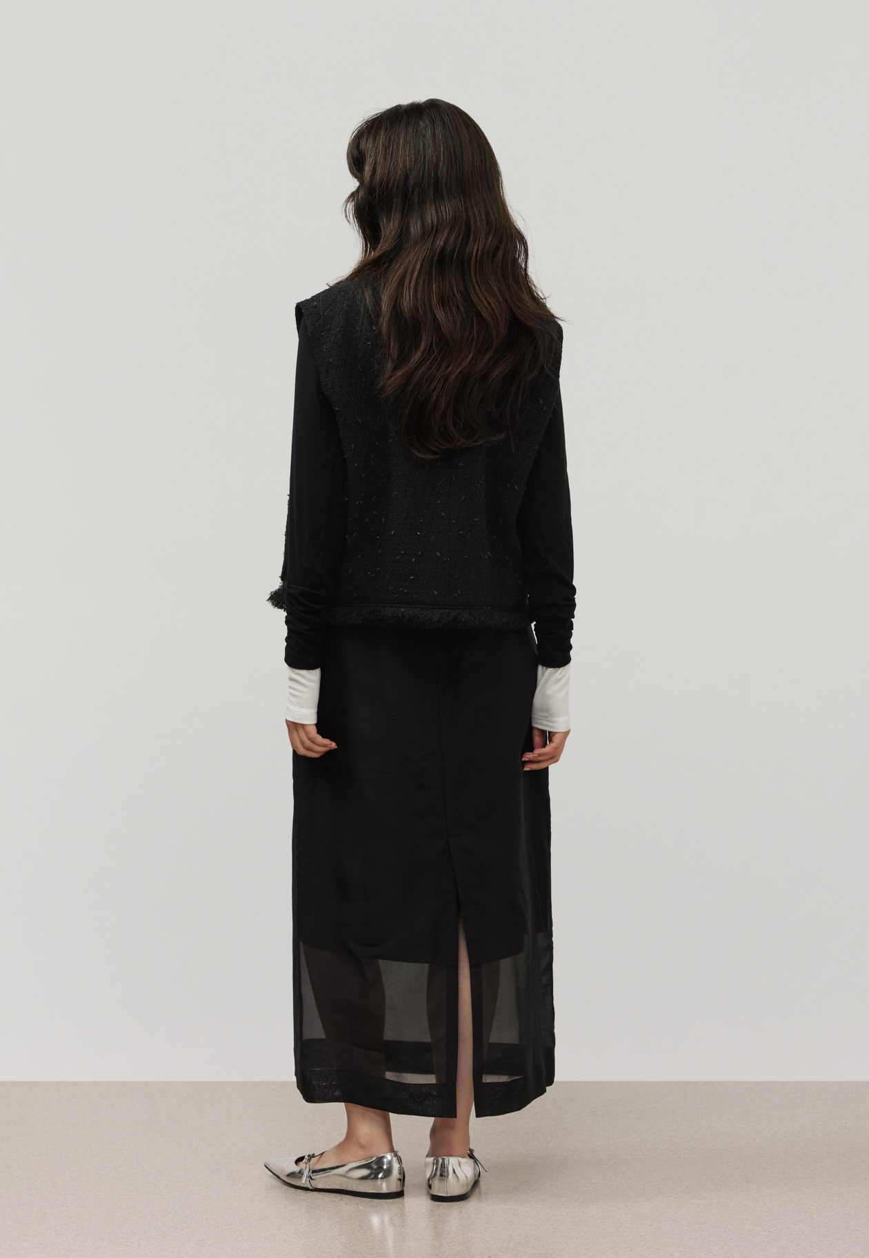 TAPE YARN TWEED CREW NECK GILET / テープヤーンツィードクルーネックジレ 詳細画像 Black 3