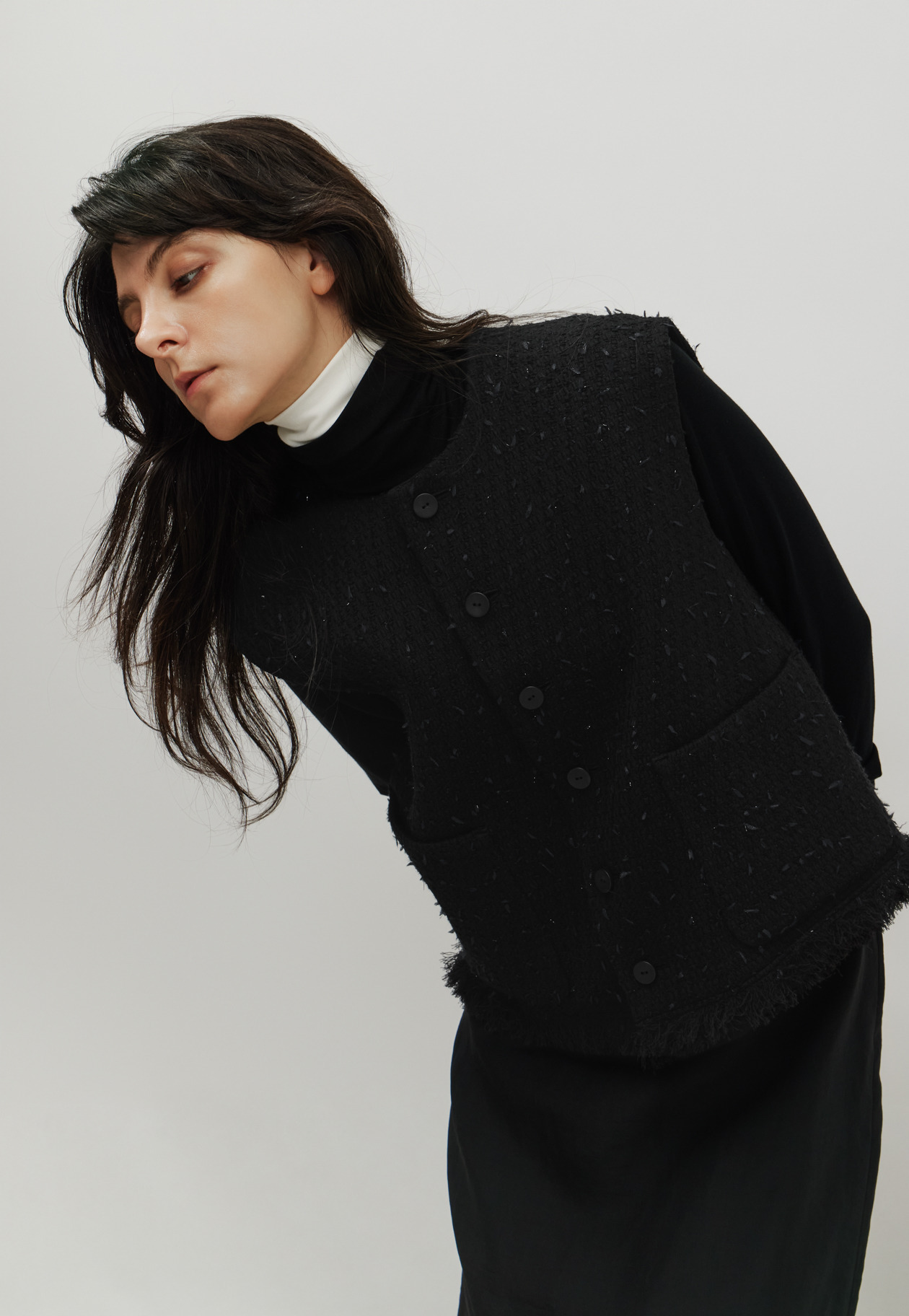 TAPE YARN TWEED CREW NECK GILET / テープヤーンツィードクルーネックジレ 詳細画像 Black 5