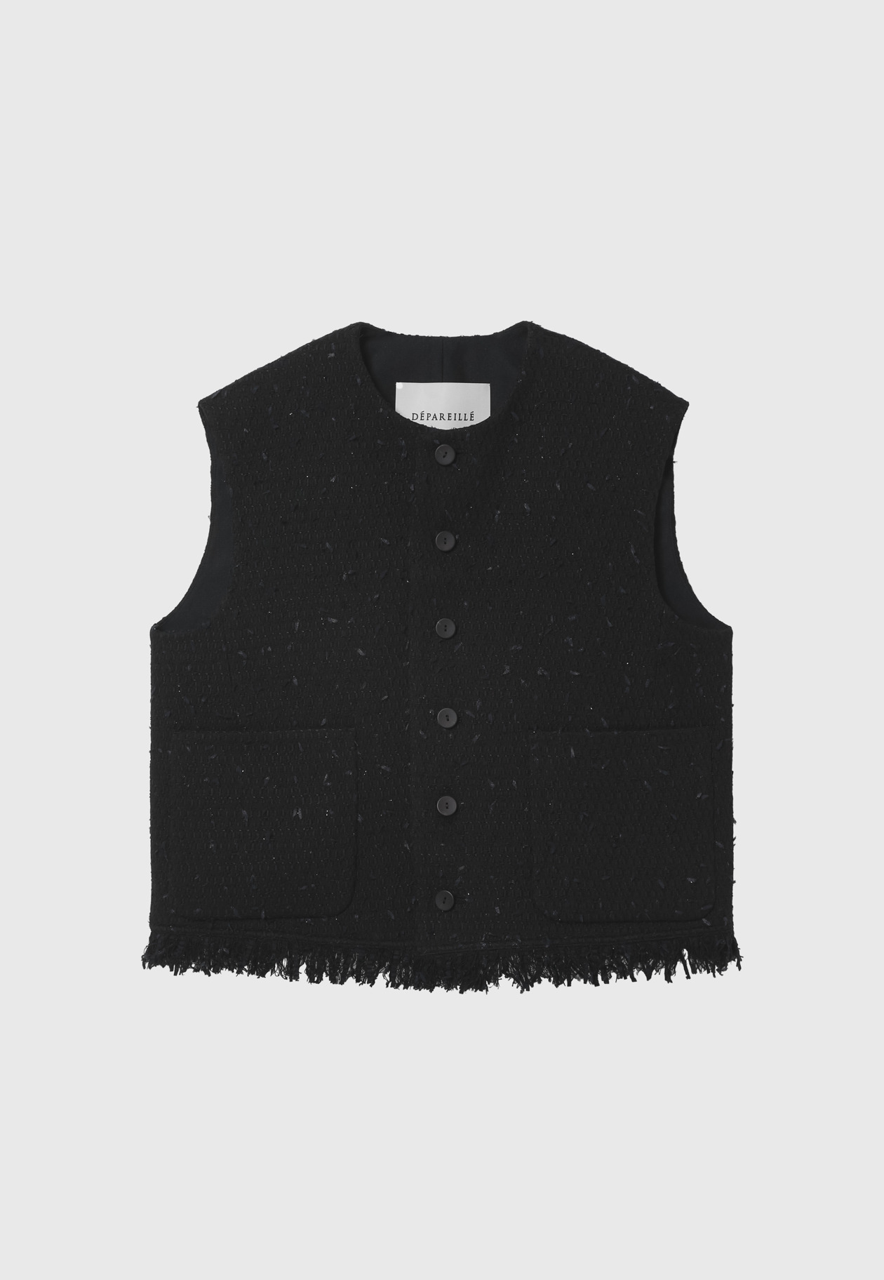TAPE YARN TWEED CREW NECK GILET / テープヤーンツィードクルーネックジレ 詳細画像 Black 6