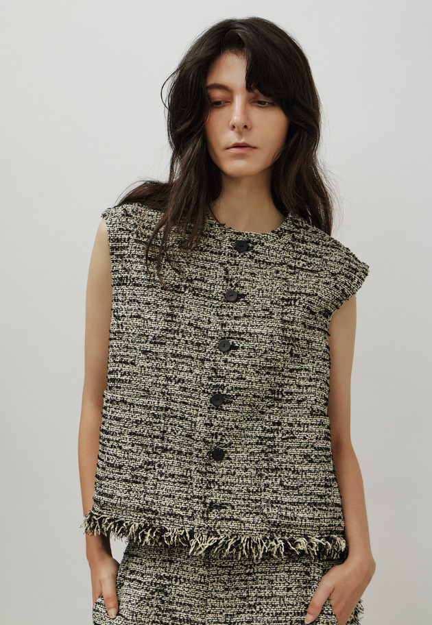 FANCY TWEED CREW NECK GILET / ファンシーツィードクルーネックジレ 詳細画像 Black 5