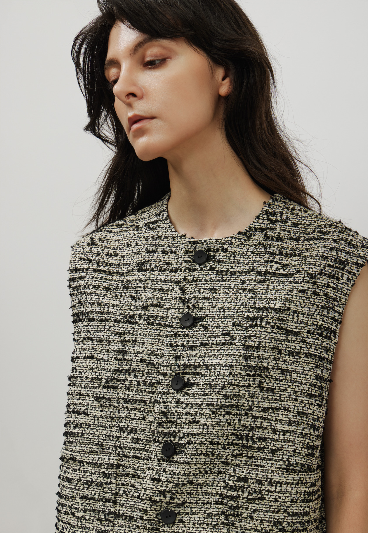 FANCY TWEED CREW NECK GILET / ファンシーツィードクルーネックジレ 詳細画像 Black 6