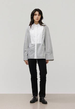 COTTON NO COLLAR BOSOM SHIRT / コットンノーカラーブザムシャツ