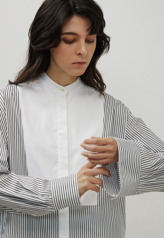 COTTON NO COLLAR BOSOM SHIRT / コットンノーカラーブザムシャツ 詳細画像 Black 5