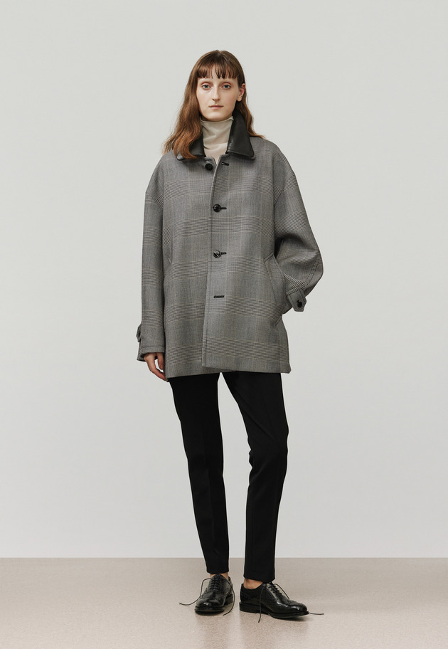 GLEN CHECK LEATHER COLLAR JACKET / グレンチェックレザーカラージャケット 詳細画像 Gray 1