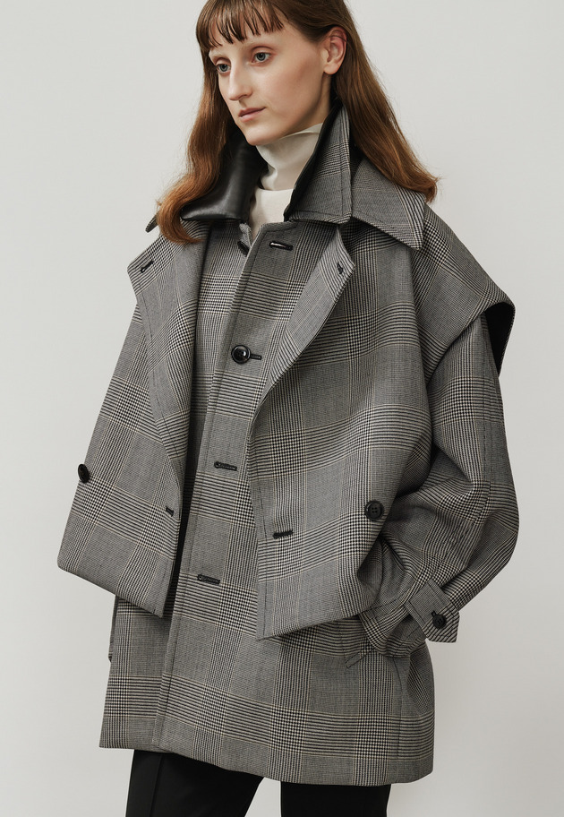 GLEN CHECK LEATHER COLLAR JACKET / グレンチェックレザーカラージャケット 詳細画像 Gray 5