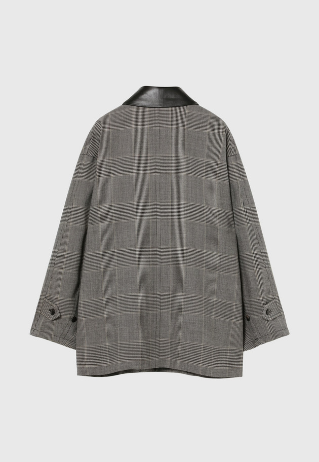 GLEN CHECK LEATHER COLLAR JACKET / グレンチェックレザーカラージャケット 詳細画像 Gray 7