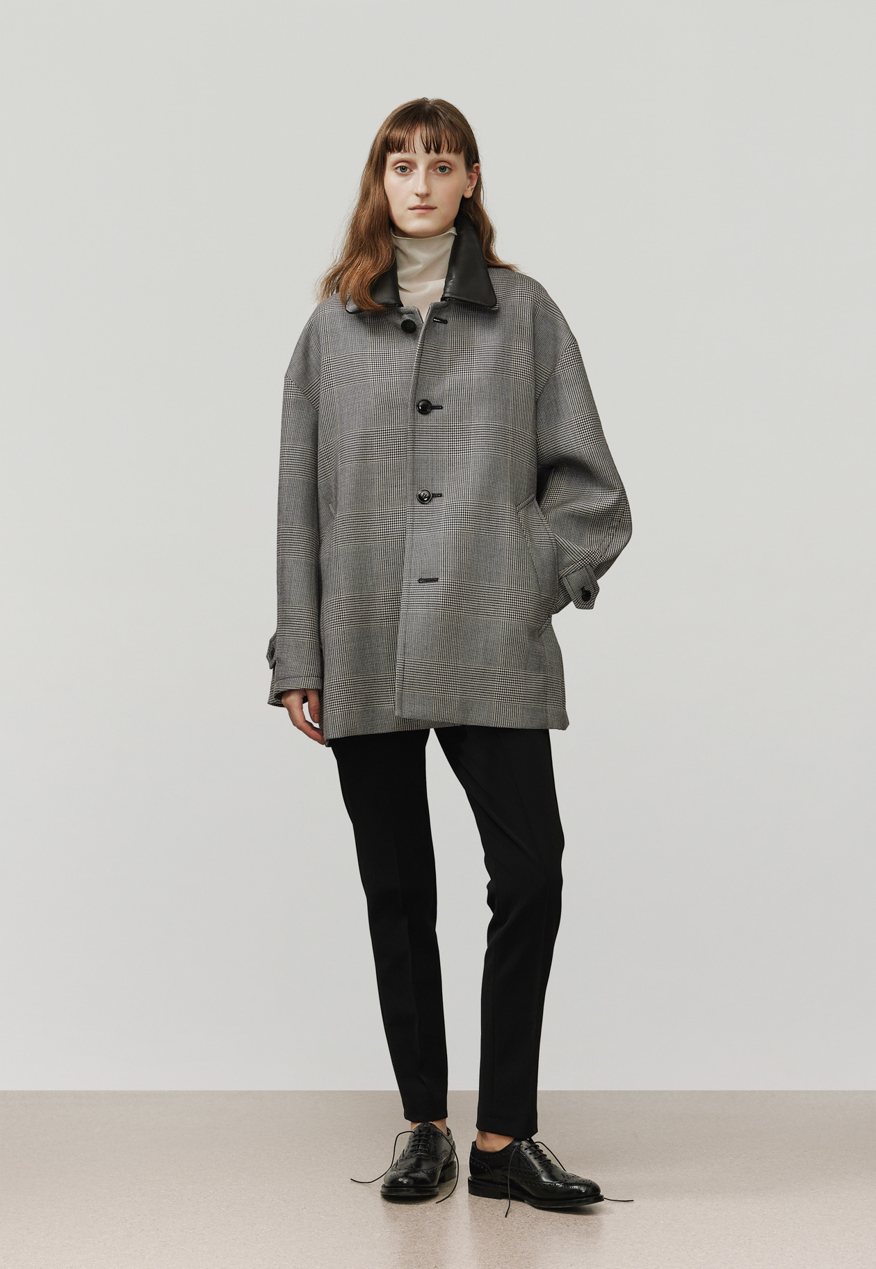 GLEN CHECK LEATHER COLLAR JACKET / グレンチェックレザーカラージャケット 詳細画像 Gray 1