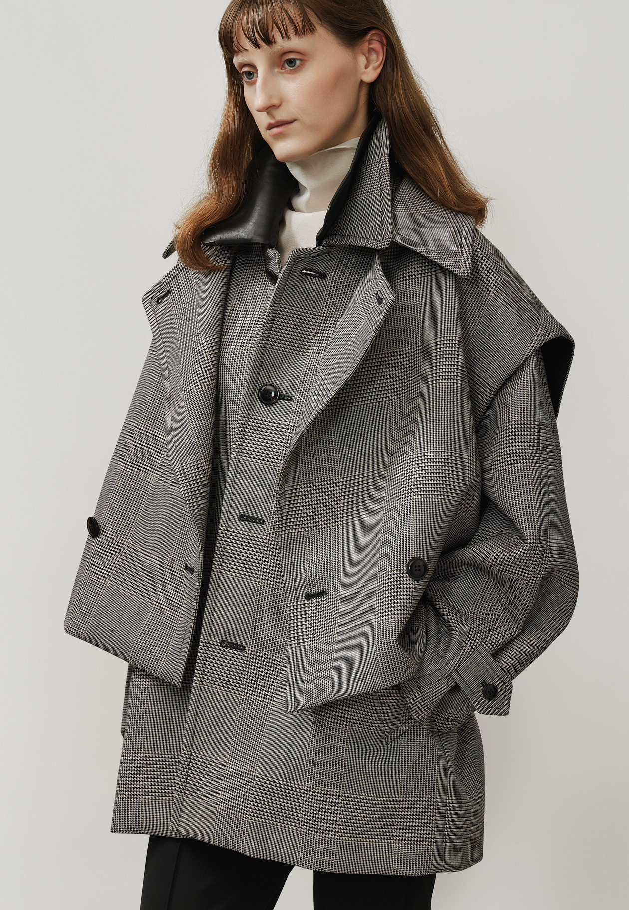 GLEN CHECK LEATHER COLLAR JACKET / グレンチェックレザーカラージャケット 詳細画像 Gray 5