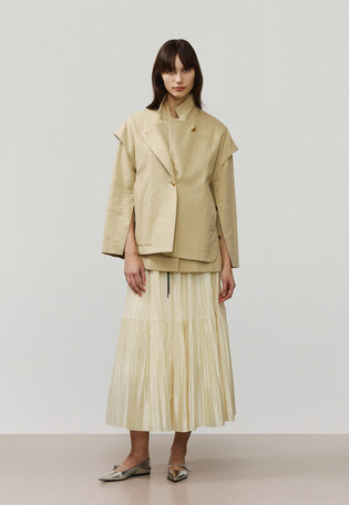 SILK POLYESTER TIERED PLEATS SKIRT / シルクポリエステルティアードプリーツスカート