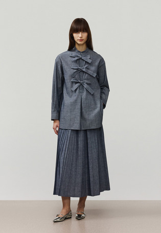 4.5OZ DENIM TRIPLE RIBBON BLOUSE / 4.5OZデニムトリプルリボンブラウス