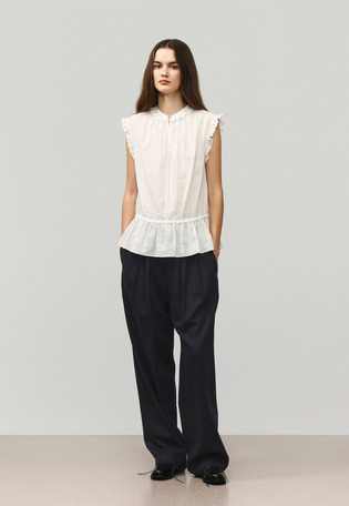 RAMIE COTTON SLEEVELESS FRILL BLOUSE / ラミーコットンスリーブレスフリルブラウス