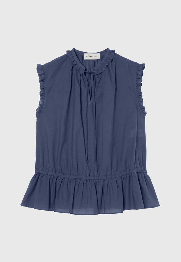 RAMIE COTTON SLEEVELESS FRILL BLOUSE / ラミーコットンスリーブレスフリルブラウス 詳細画像 Blue 1
