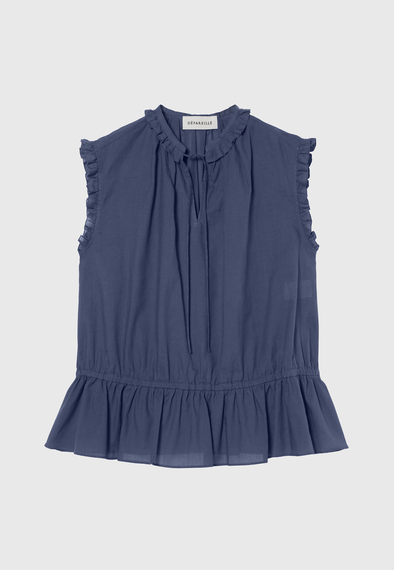 RAMIE COTTON SLEEVELESS FRILL BLOUSE / ラミーコットンスリーブレスフリルブラウス 詳細画像 Blue 1