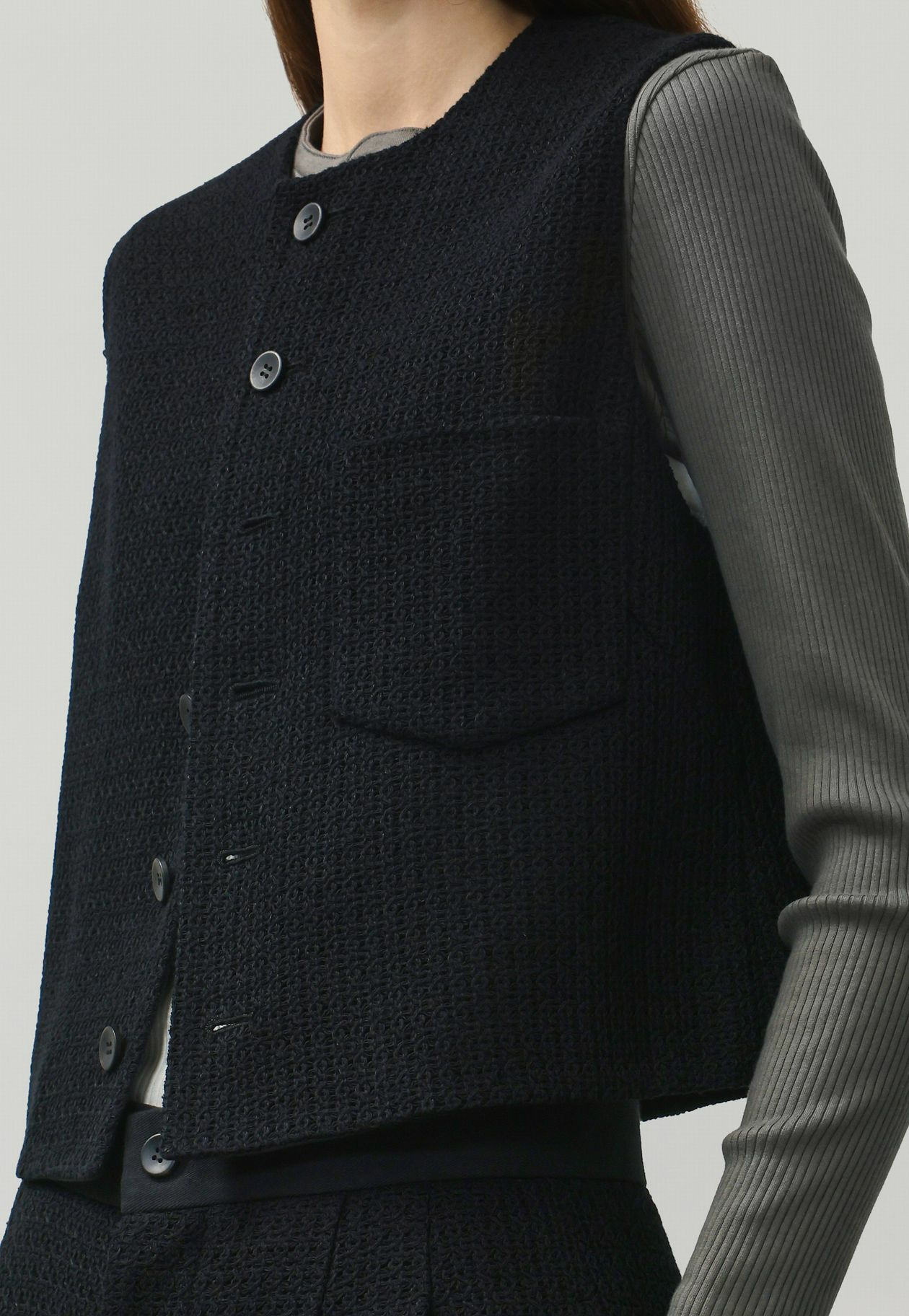 COTTON RAYON KARAMI GILET / コットンレーヨンカラミジレ 詳細画像 Black 2